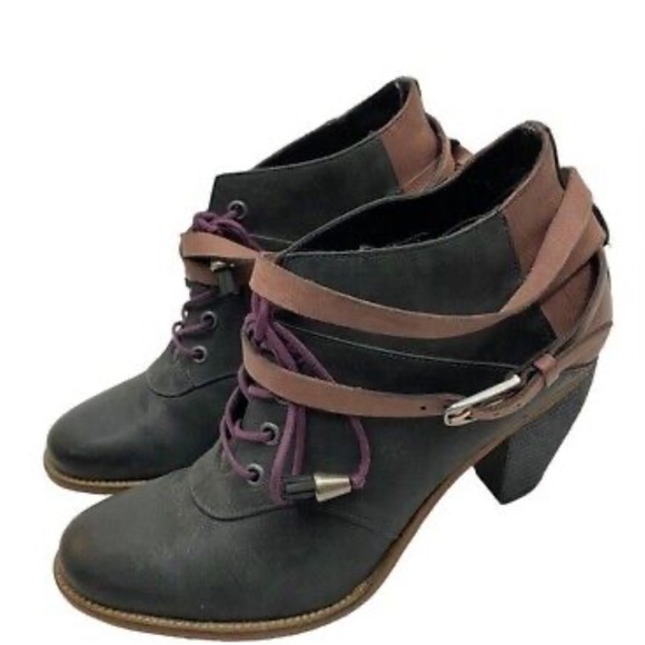 J Shoes Anthropologie Black Ankle Wrap Around Carson Mauve Leather Boots 8.5 - Picture 8 of 13